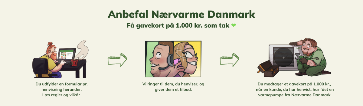 Anbefal Nærvarme Danmark og få 1.000 kr. i gavekort hver gang en varmepumpe er installeret hos en du henviste.