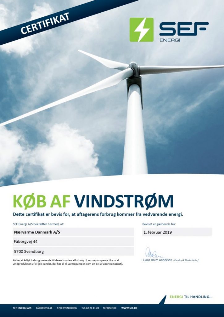 Nærvarme Danmark indkøber el fra vindstrøm svarende til kunders forbrug af el til varmepumperne, såfremt de har el som en del af abonnementet.